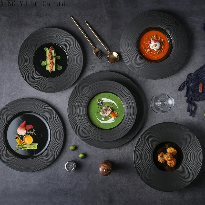 Ceramic Plate Dinner Plates Creative Round Black Frosted Steak Plate Household Tableware Display Plate Kitchen, Dining & Bar