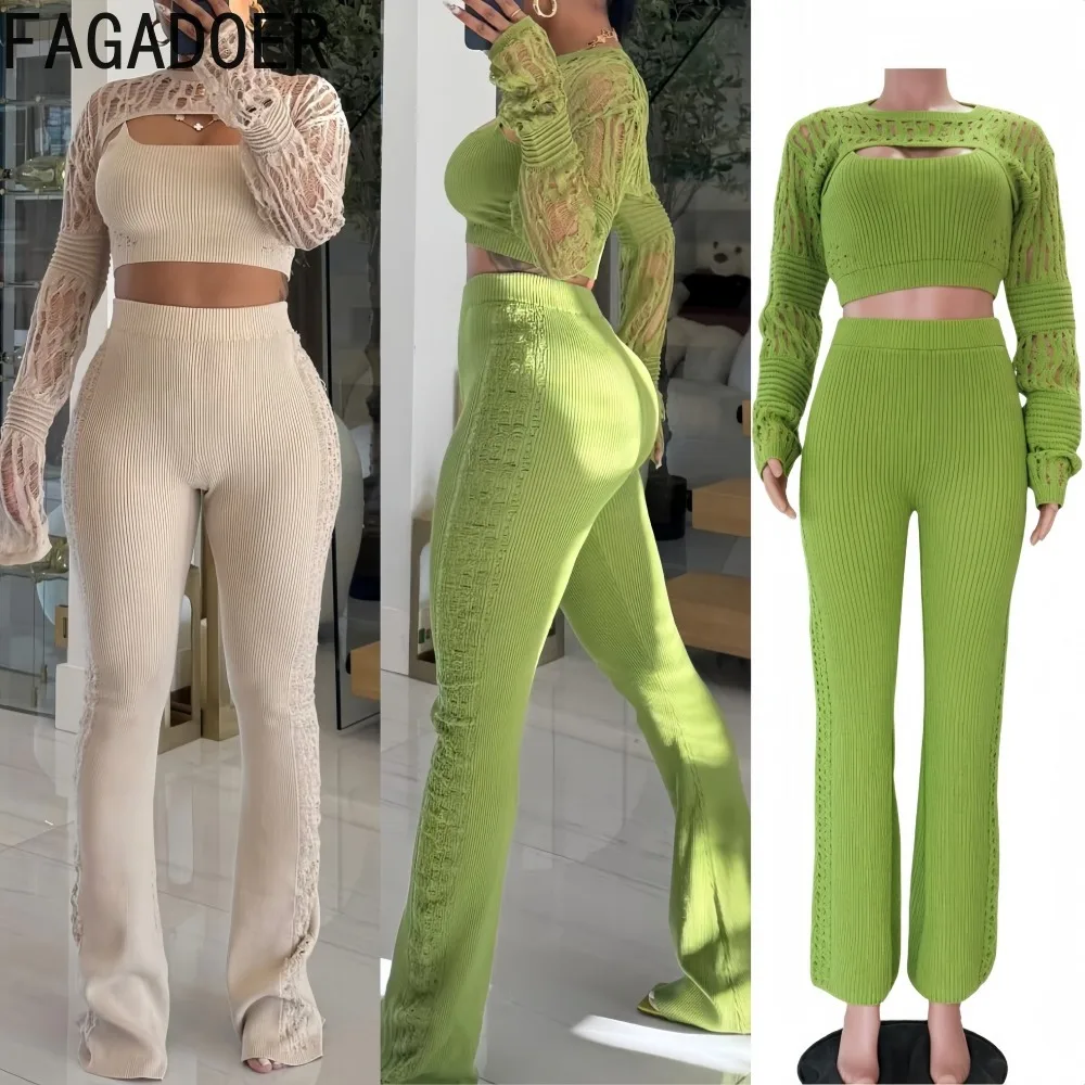 

FAGADOER Autumn New Fashion Knit Woman 3 Piece Set Outfit Hollow-out Long Sleeves Top and Pants Midnight Female Streetwear