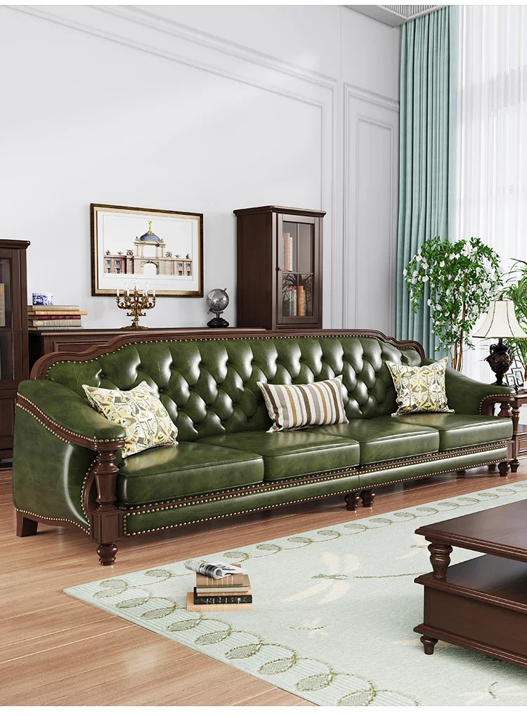 

American retro solid wood leather sofa first layer cowhide light luxury simple country style