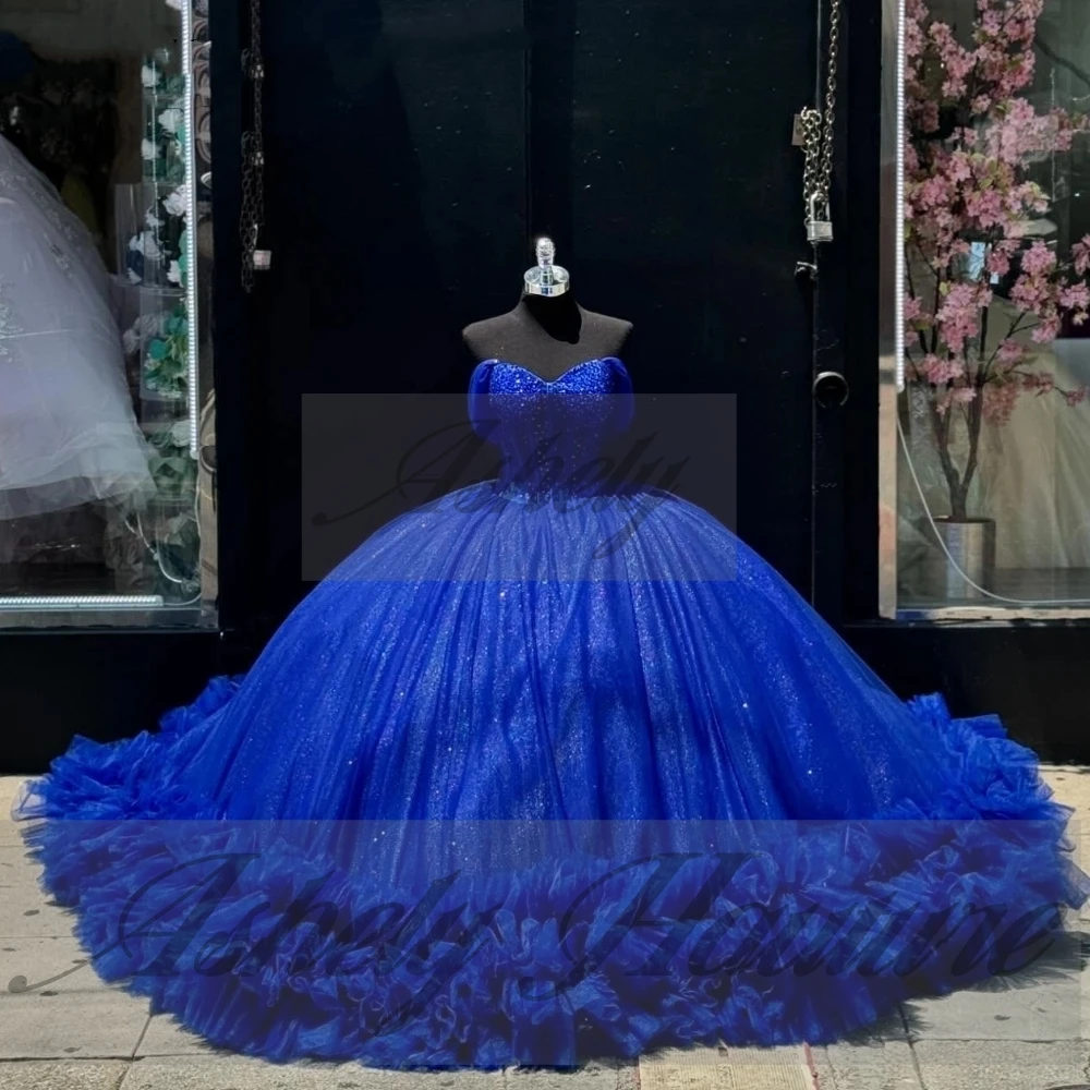A16991 Sukienki Quinceañera dla 15-latki w kolorze prawdziwego królewskiego błękitu, zdobione koralikami, z falbankami, bufiaste, na bal, urodziny, specjalne okazje, szyte na miarę