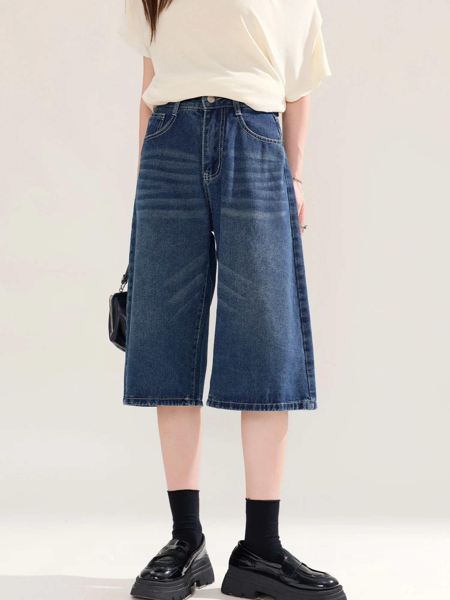 

Американские свободные джинсы из денима до середины икры для женщин, летние повседневные прямые брюки 7/8 с высокой талией, тонкие, стандартного кроя