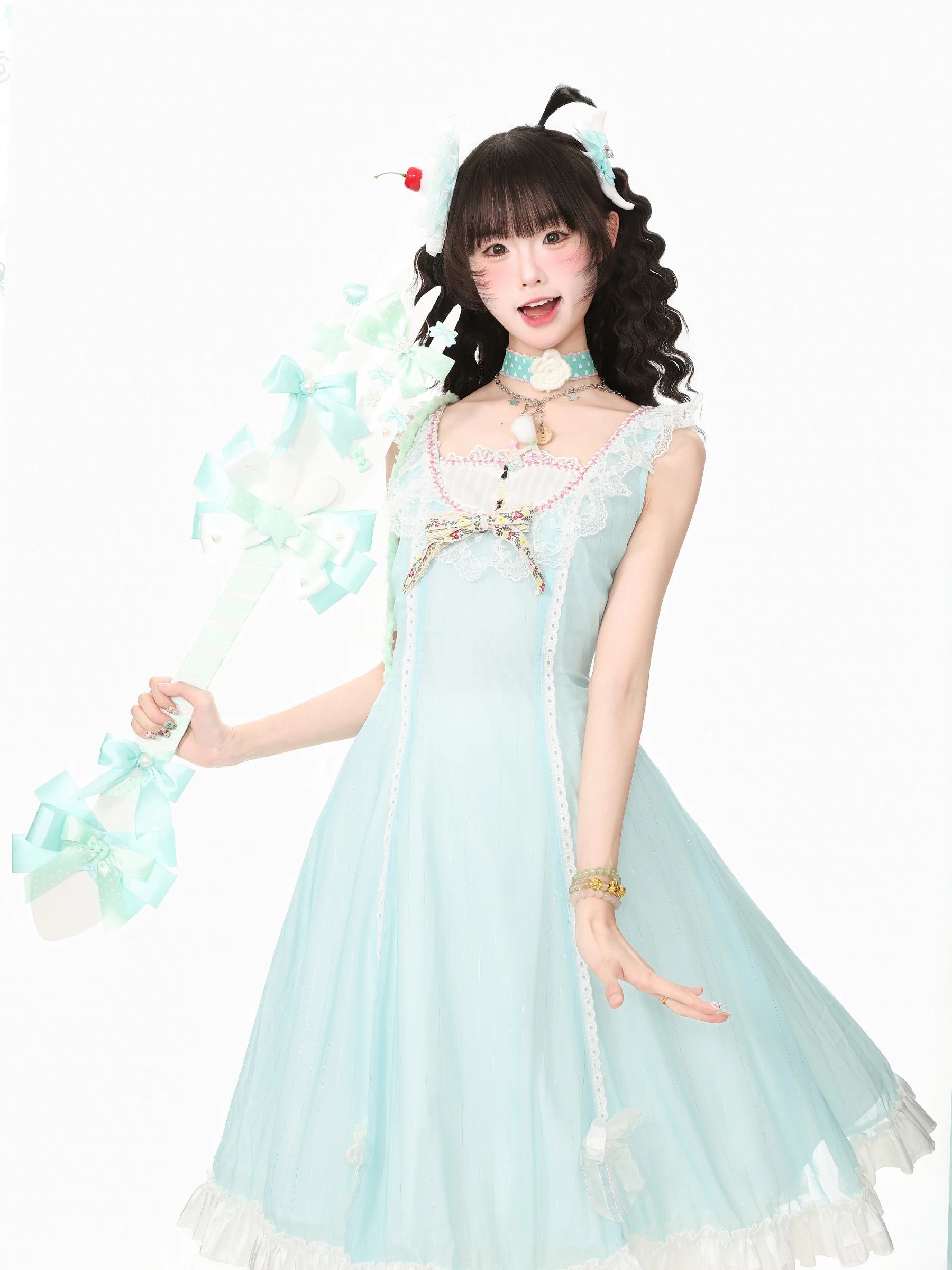 Sweet  Knot Dress Cardigan Two-Piece Set Women's Autumn Outfit Blue Ghost Park Languid Park Japanese Style Casual Wear