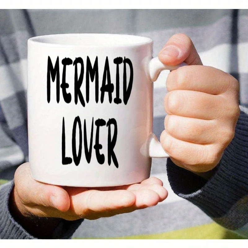 

1pc Mythology Lovers Ceramic Coffee Mug - Plus Size 11oz White Mug with Blue Hair Twin Mermaids & MERMAID LOVER Design, Dishwash