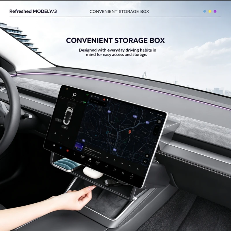 For Tesla Model Y Juniper/Model3 Highland Tray Magnetic Under Screen Hidden Storage Box Magnetic Opening and Closing Storage Box