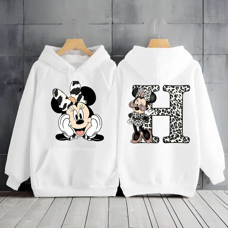 Cute Leopard Minnie Mouse 26 English Alphabet Hoodie Woman Clothing Y2k Clothes Sweatshirts Long Sleeve Woman Clothes Hoodie