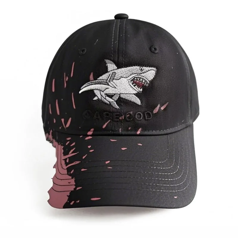 Cappellino da Baseball con Ricamo Squalo, Effetto Invecchiato, Trendy Streetwear, Protezione Solare, Traspirante, Leggero, Unico