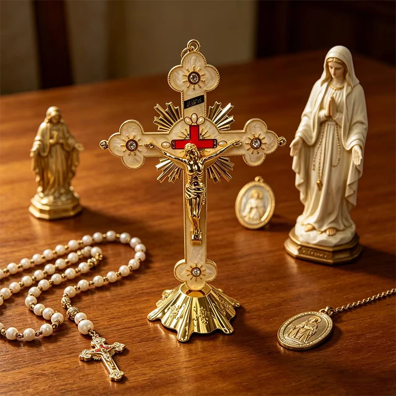 

Handcrafted Gold Plated Crucifix Cross with Mother of Pearl & Rhinestones for Catholic Home Altar Prayer Religious Decor G