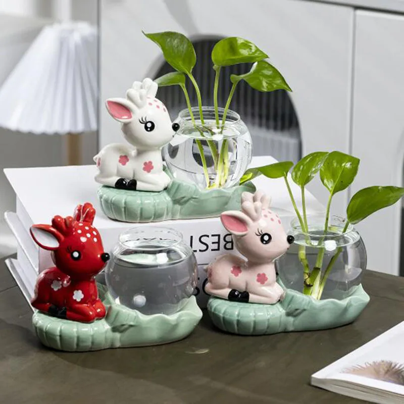 Creative Fawn Hydroponic Vase Desktop Ornaments Green Radish Plant Pot Glass Flowerpot Gardening Planter Home Decor
