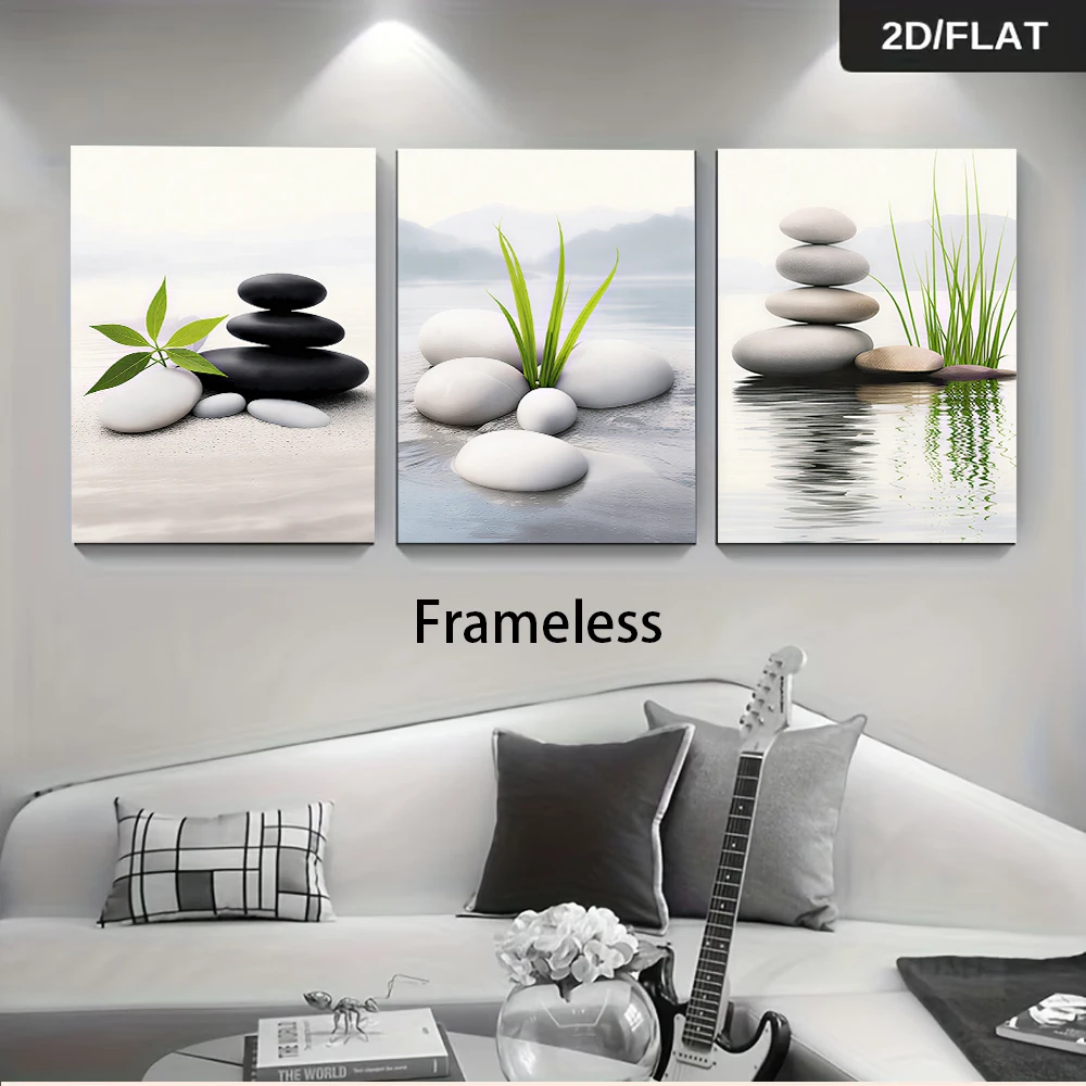 3PCS Large-sized frameless canvas paintings,1 Set – Modern Minimalist Zen-Style Stone Triptych (Frameless Decorative Art) – Sere