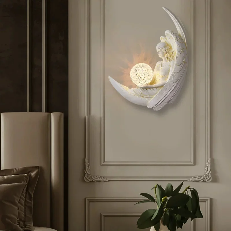 Modern cream style living room background wall bedroom bedside lamp European creative angel decorative wall lamp new model