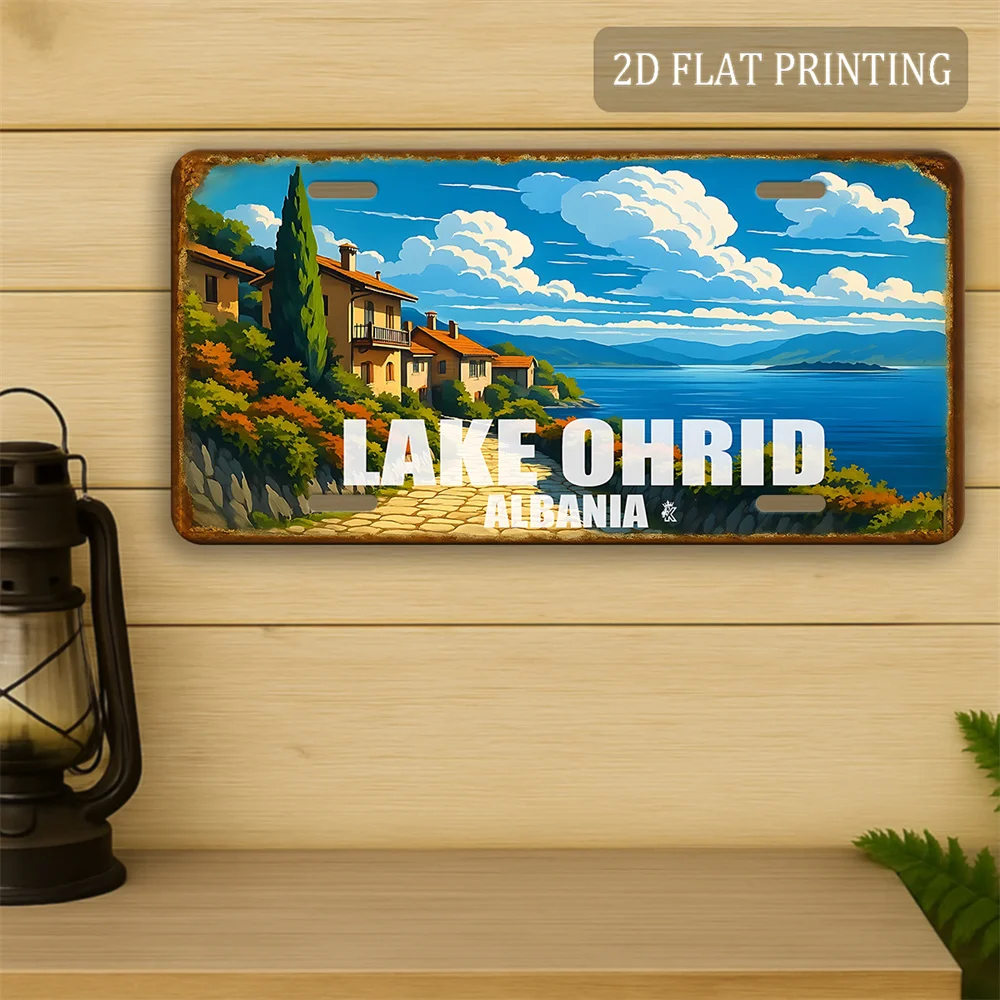 2D-Flach, 1 unidad. Placa metálica de estilo vintage – Placa de Ohrid, Albania, 30,48 cm x 15,24 cm, arte mural rústico para exteriores con motivos mediterráneos.