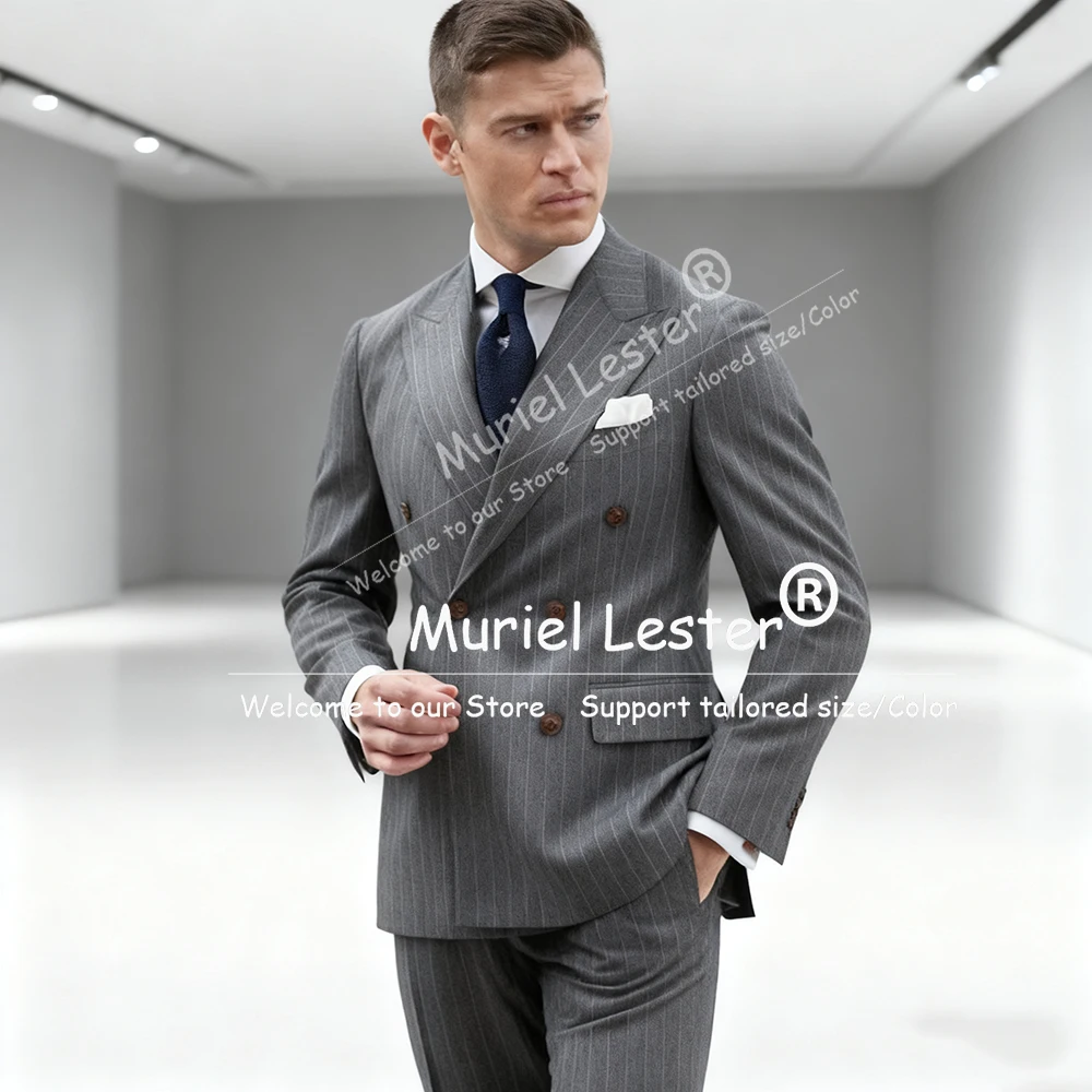 

Classic Stripes Suits Men For Business Banquet Party Attire Double Breasted Jacket Pants 2 Pieces Groom Wedding Tuxedos Skinny