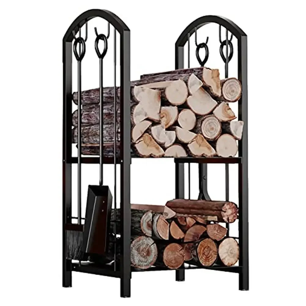 Firewood Log Rack Holder with 4 Tools Set Fireplace Storage Organizer Wood Lumber Durable Wrought Iron Construction Indoor