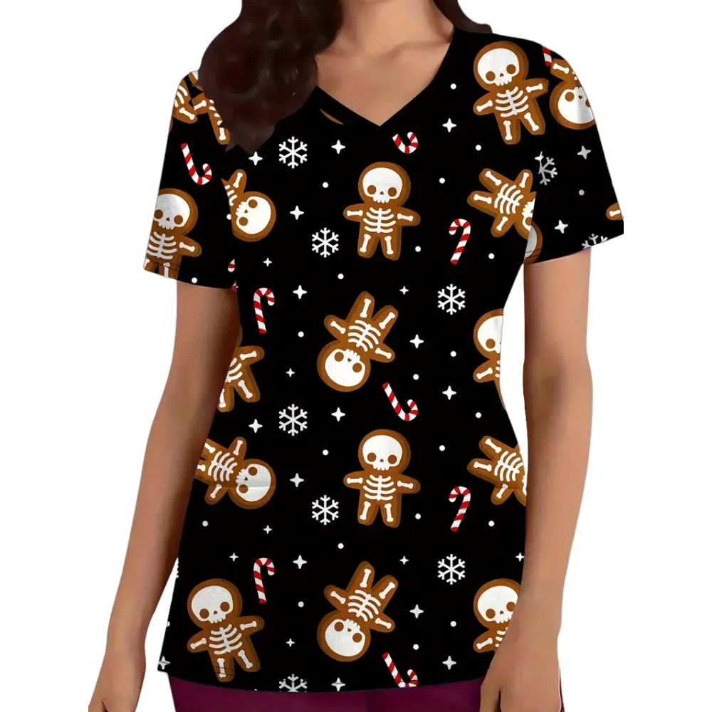 New Christmas Surgical Uniforms Woman Vet Dental Medical Uniform Microstretch V-Neck Short-Sleeve Tops Women's Medical Uniforms