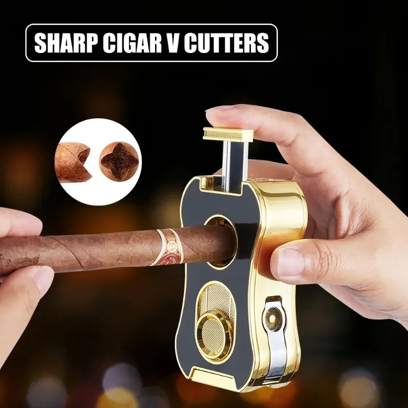 

6-in-1 Multifunctional Cigar Lighter Strong Four Blue Flame Multiple Cigar Cutter Alloy Body.