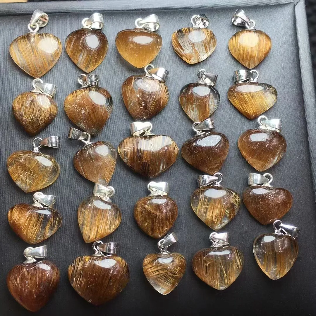 Unit One Piece 925 Silver Buckle With GOod Quality Natural Cooper Rutile Quartz Crystal Healing Heart Shape Pendant For Gift