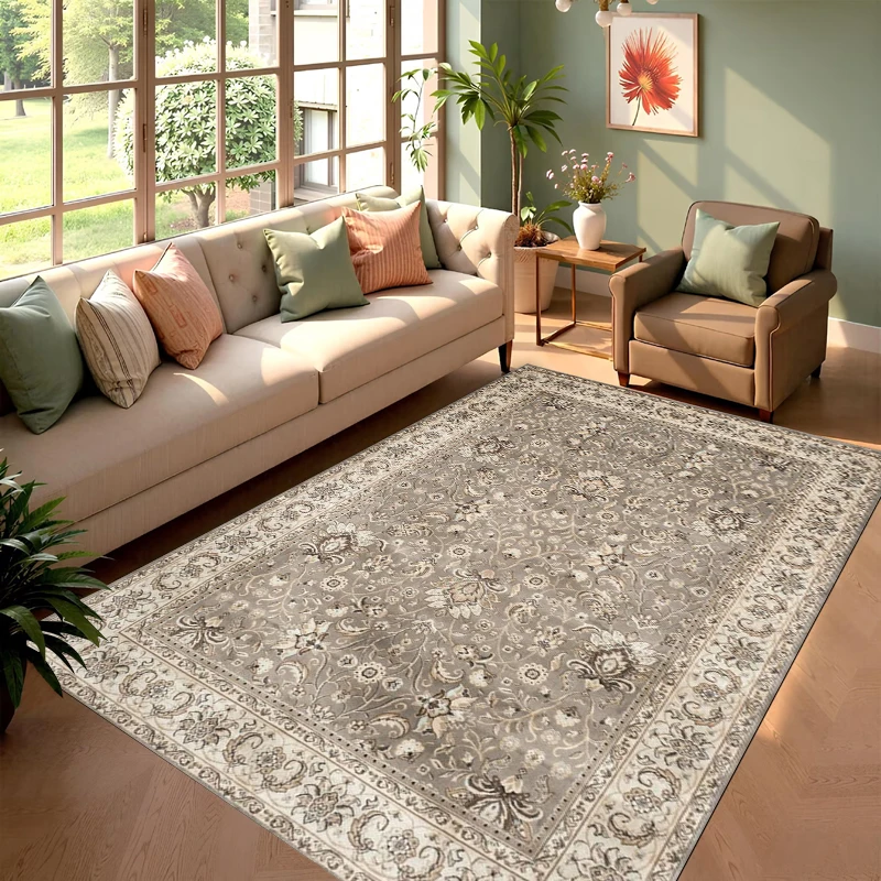 Alfombra Oriental Floral Gris y Blanca, Alfombra Persa Tradicional, Alfombra Gris Neutra para Sala de Estar y Dormitorio
