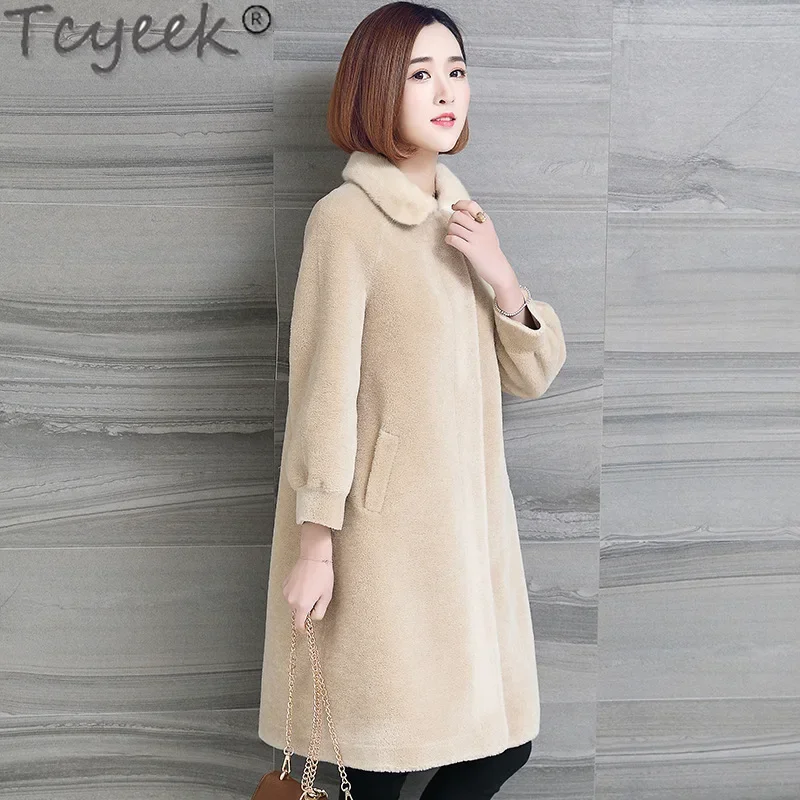 Tcyeek 100% Wool Jacket Fashion Sheep Shearling Coat Winter Jackets for Women Mid-length Women's Fur Coat Warm Mink Fur Collar