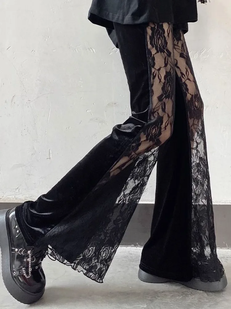 Voir à travers Y2k esthétique Streetwear pantalon décontracté été mince Patchwork dentelle pantalon Vintage taille haute Sexy Streetwear pantalon