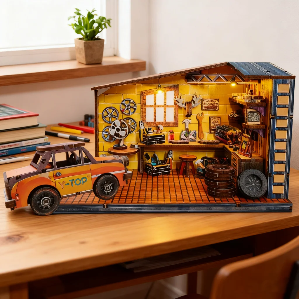 

Vintage garage DIY wooden model kit miniature auto repair shop with tools collectible desktop decor for men