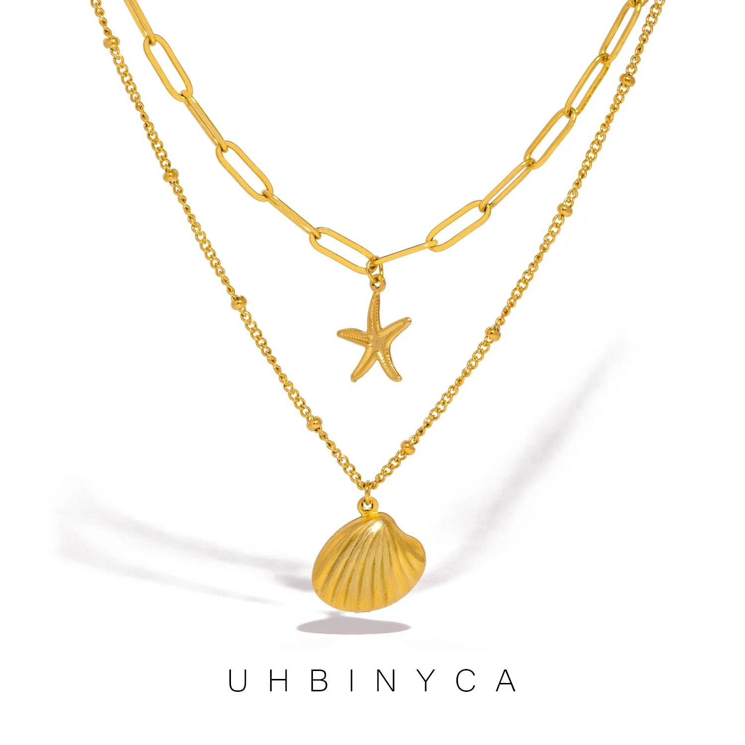 

UHBINYCA Double Layered Chain Necklace for Women, Summer Beach Seashell Starfish Pendant, Stainless Steel Waterproof Jewelry