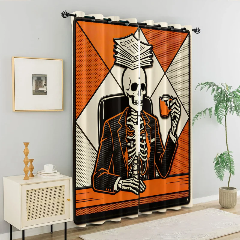 Gothic Office Skeleton Curtain Cartoon Cute Skull Worker Print Window Drapes Fashion Curtains For Bedroom Living Room Decor Gift