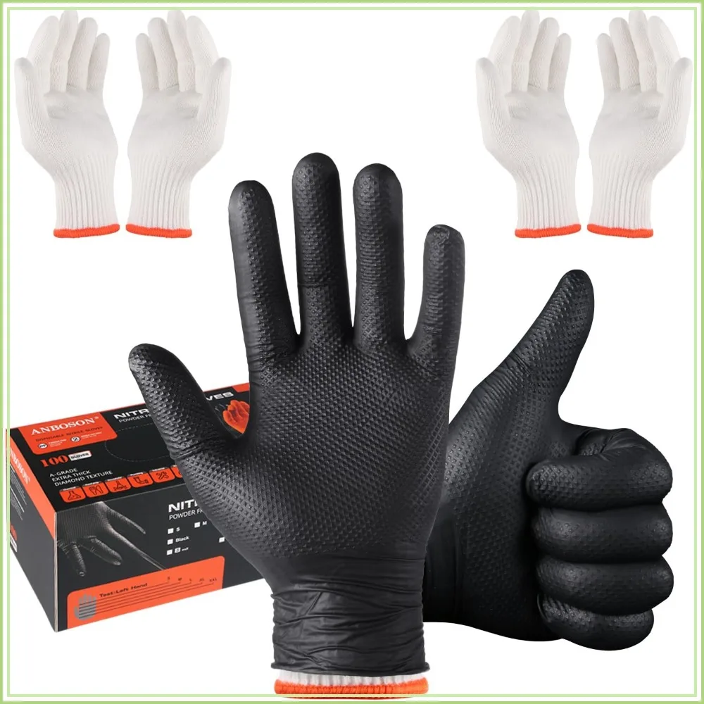 

Heat Resistant BBQ Gloves Set - 100 Black Nitrile & 4 Cotton Liners, 10Mil Heavy Duty, Non-Slip Grip for Grilling, Smoking, Meat Handling (Large)