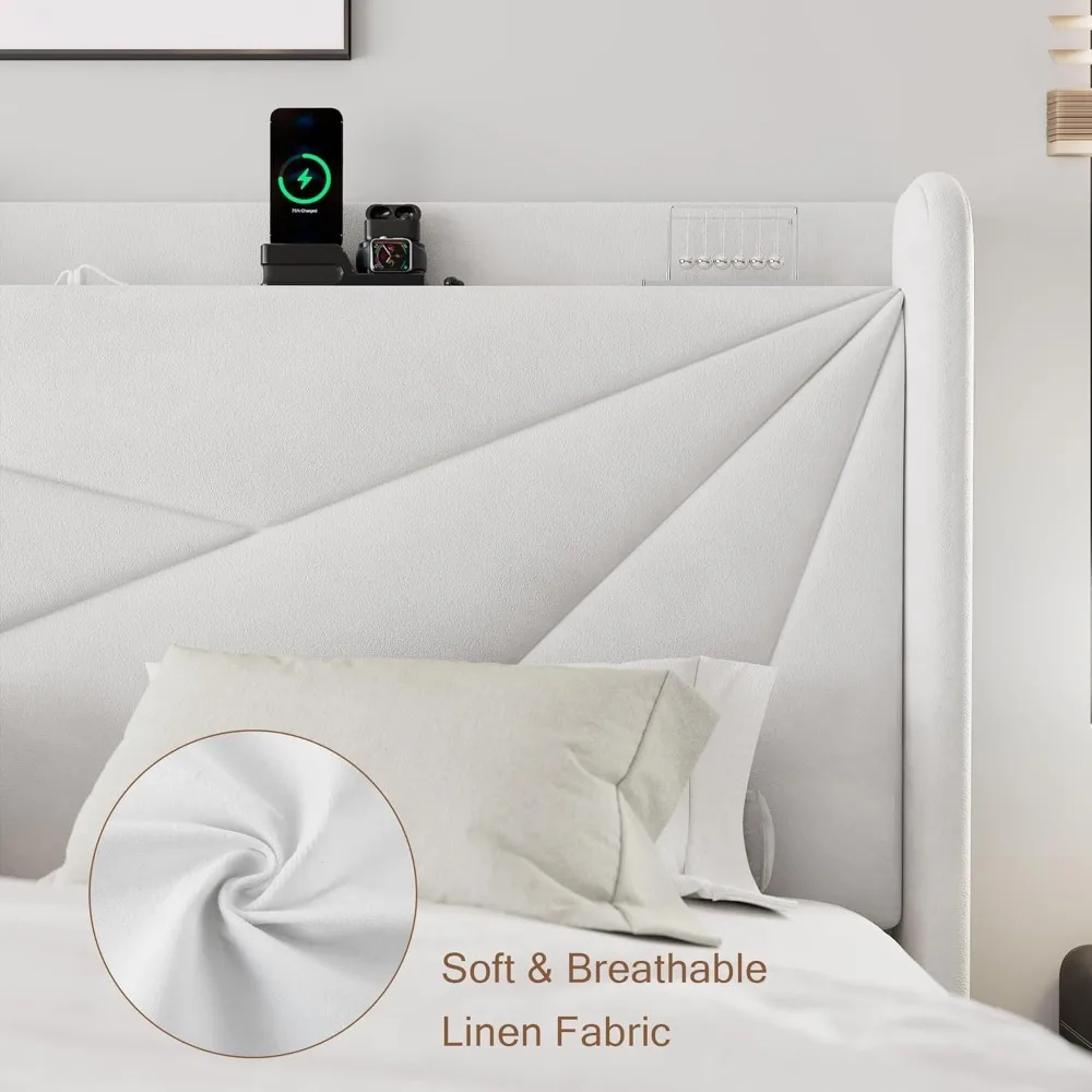 إطار سرير بحجم كوين مع لوح رأسي منجد، ومحطة تخزين وشحن، ودعم شريحة خشبية #5