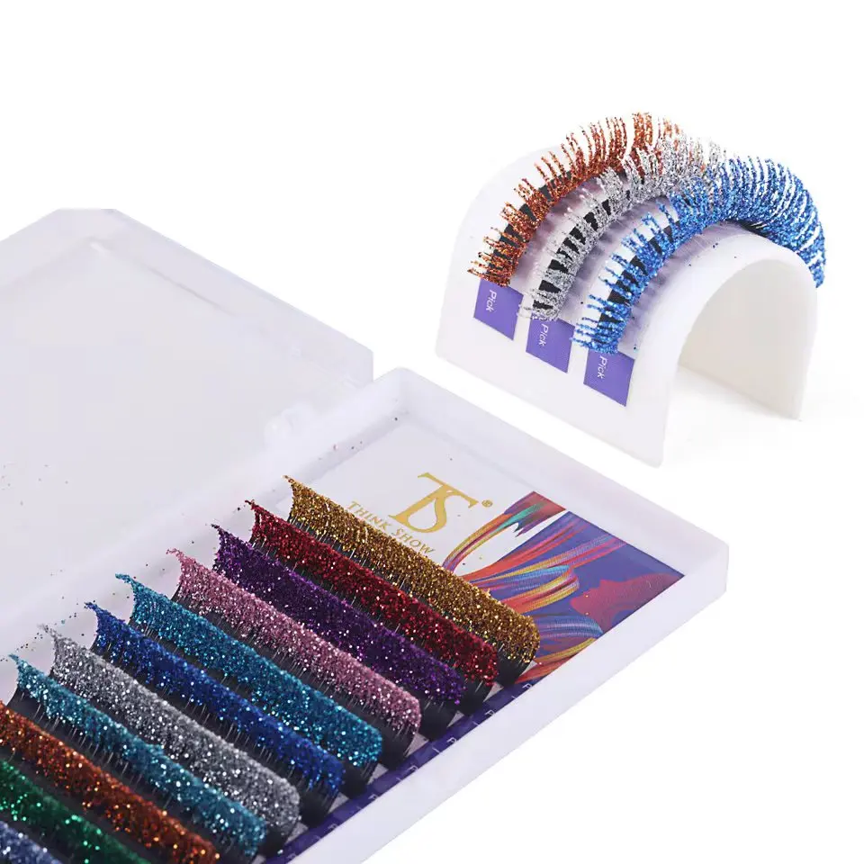 THINKSHOW Mix Glitter Colors Individual Eyelash Extension 0.10mm All Size Shiny Beauty Color Eyelashes for Party Makeup Tool