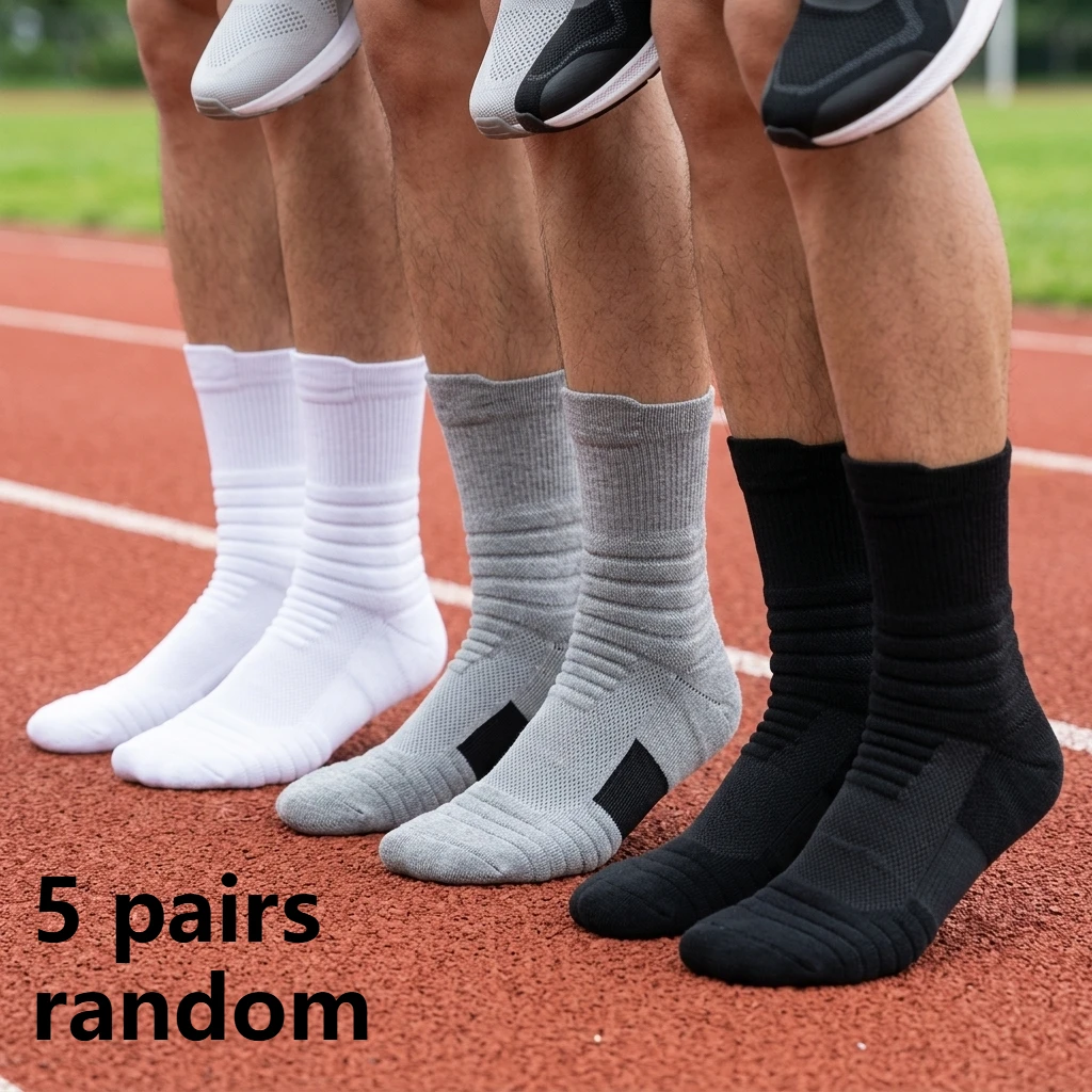 

Random -5 pairs of adult professional sports socks, cushioned soles, sweat wicking fabric, unisex fitness socks