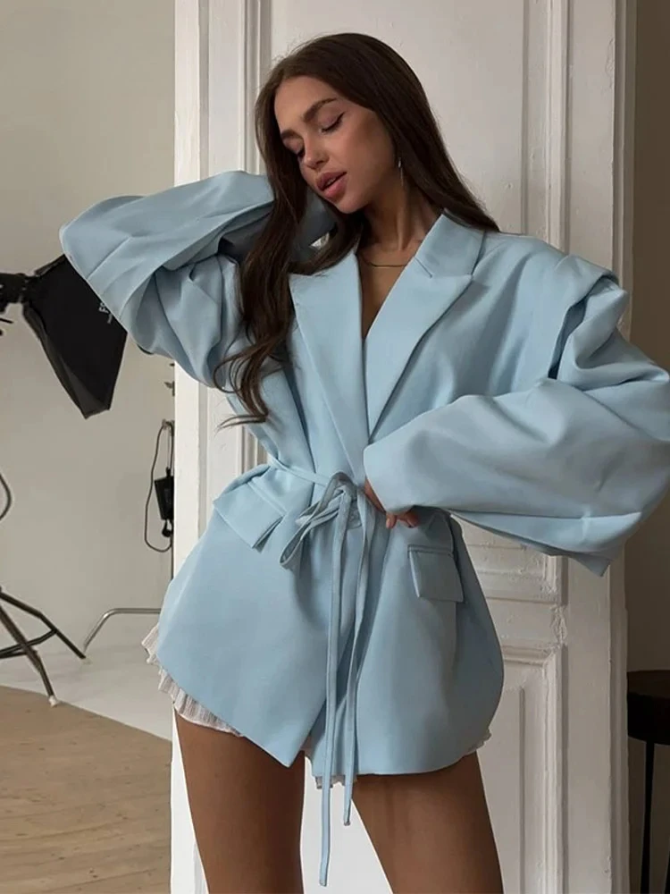 

Элегантный женский однотонный пиджак с поясом, свободные пиджаки с длинными рукавами и карманами с лацканами, весна-лето, женская уличная верхняя одежда