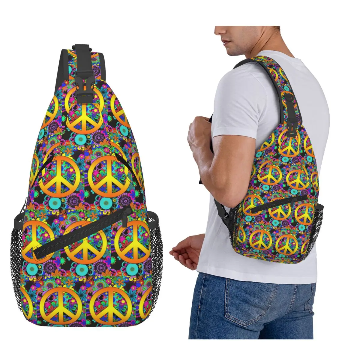 Pattern Peace Sign Cartoon Chest Bag Men Sling Crossbody Backpack Chest Bag Travel Hiking Daypack Shoulder Bag