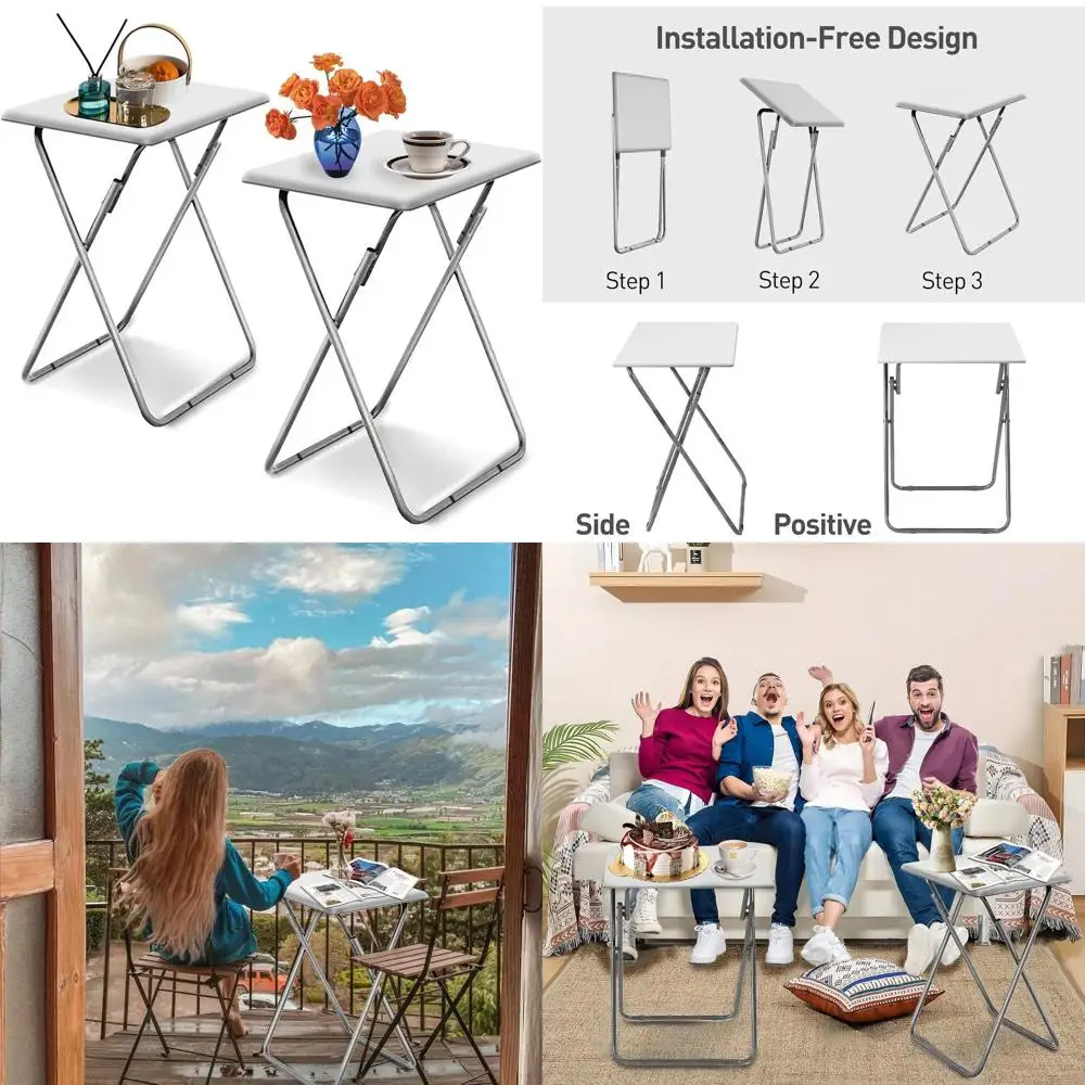 

Белые телевизионные столики-подставки с прочной столешницей из МДФ, не требуют сборки, комплект из 2 штук для использования в столовой и гостиной.