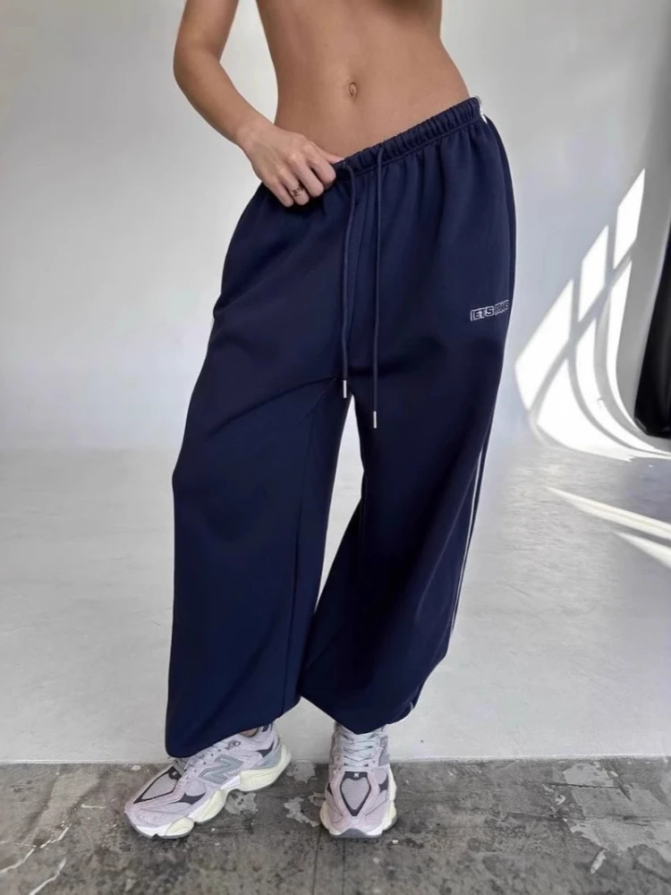 HOUZHOU Gray Y2k Letter Embroidery Women Sweatpants Casual Loose Pink Joggers Wide Leg Straight Pants Classic Sports Trousers
