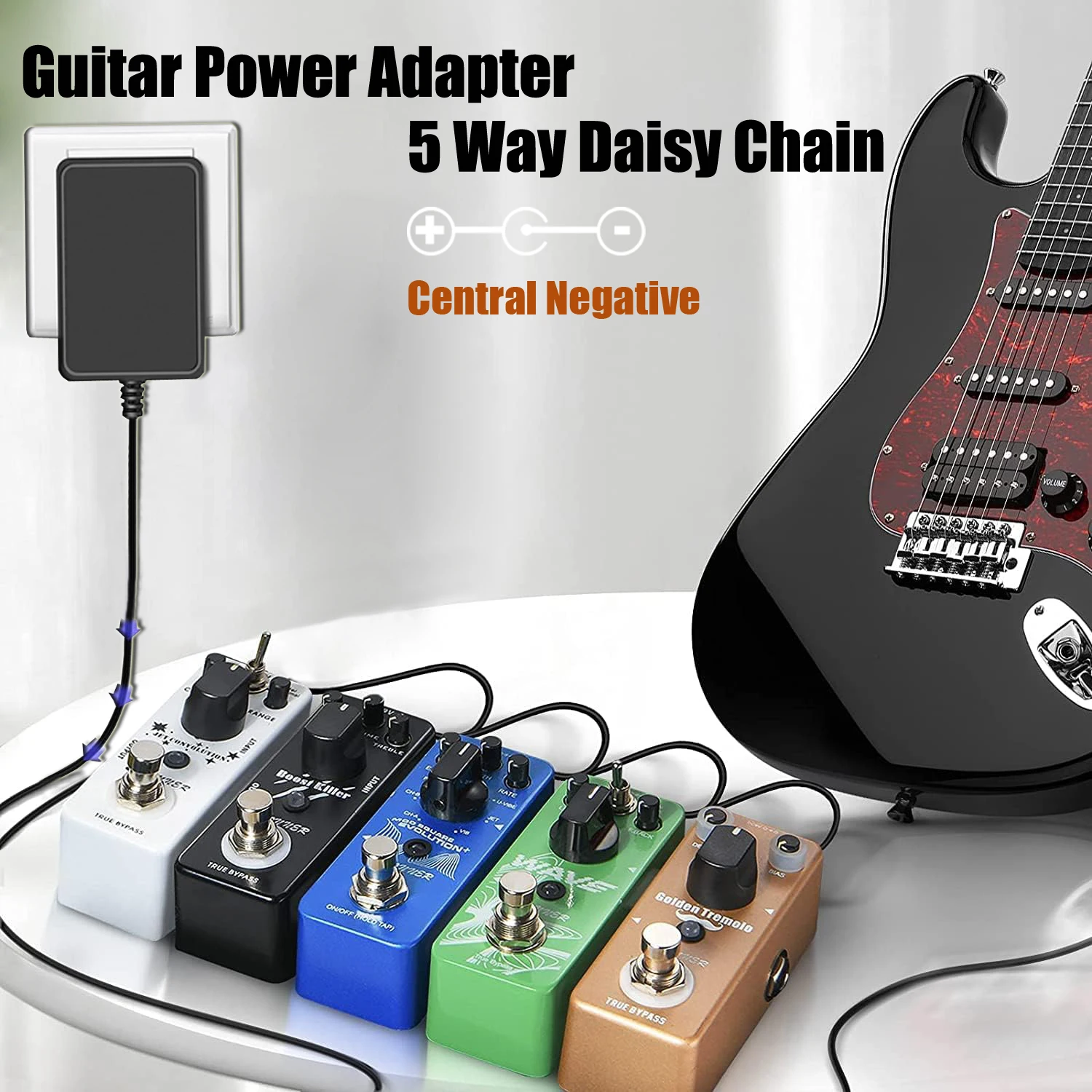 Guitar Pedal Power Supply Adapter 9V DC 1.5A Tip Negative 5 Way Daisy Chain Cables for Guitar Effect Pedal US EU UK Plug Pod