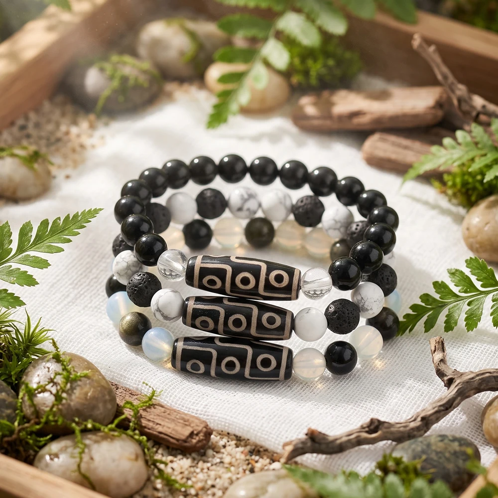 Natural Tibetan Dzi Bracelets Black Nine Eye Dzi Charm Lava Obsidian White Turquoises Opal Stone Wish Bracelet Jewelry Powerful
