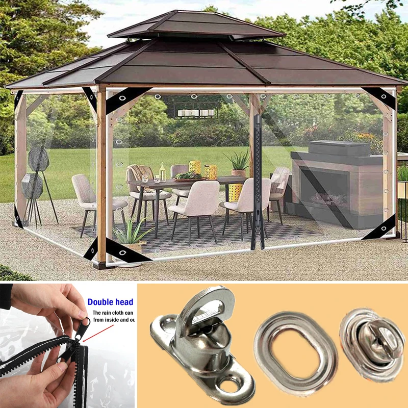 0.35mm/0.55mm Outdoor Clear Vinyl Tarpaulin With Zipper Patio Pergola Tarp Curtain with Twist Lock Transparent Heavy Duty Canvas