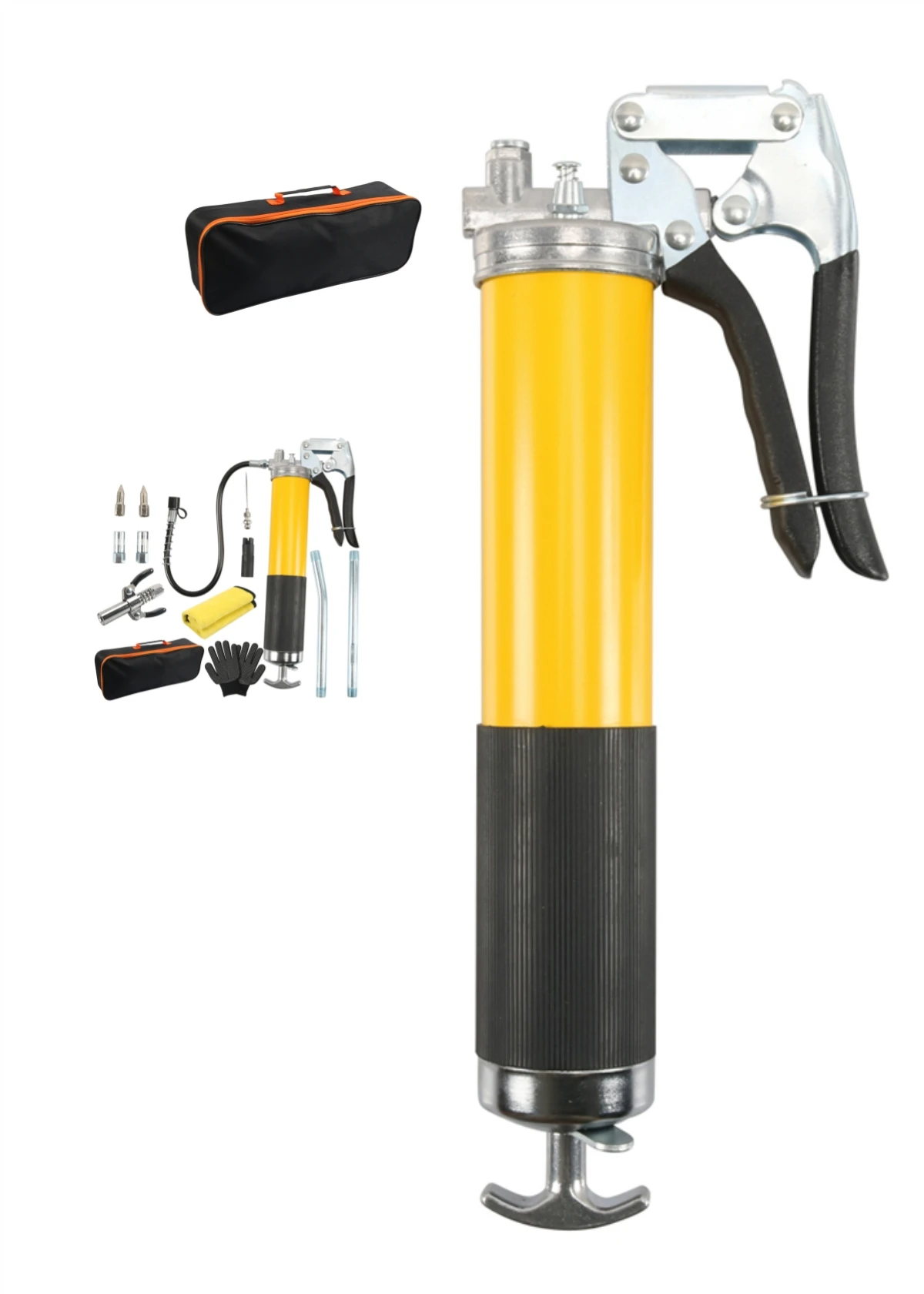 

14-Piece Yellow Manual High-Pressure Pistol-Style Grease Gun,400 cc (with accessories and 30cm hose)