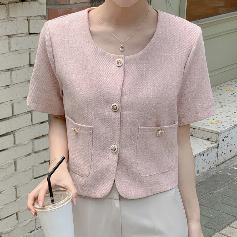 

Korea Short Sleeve Jacket Women 2024 Summer Round Collar Pink Tweed Jacket High Quality Luxury Short White Tweed Cropped Top