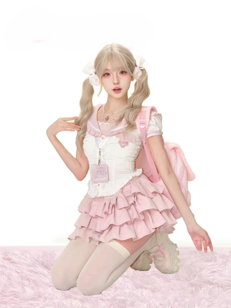 الصيف اليابانية الحلو Kawaii قطعتين مجموعة المرأة الدانتيل تقليم تكدرت الأعلى + Y2k تنورة صغيرة الشباب سليم صالح موضة الزي جديد