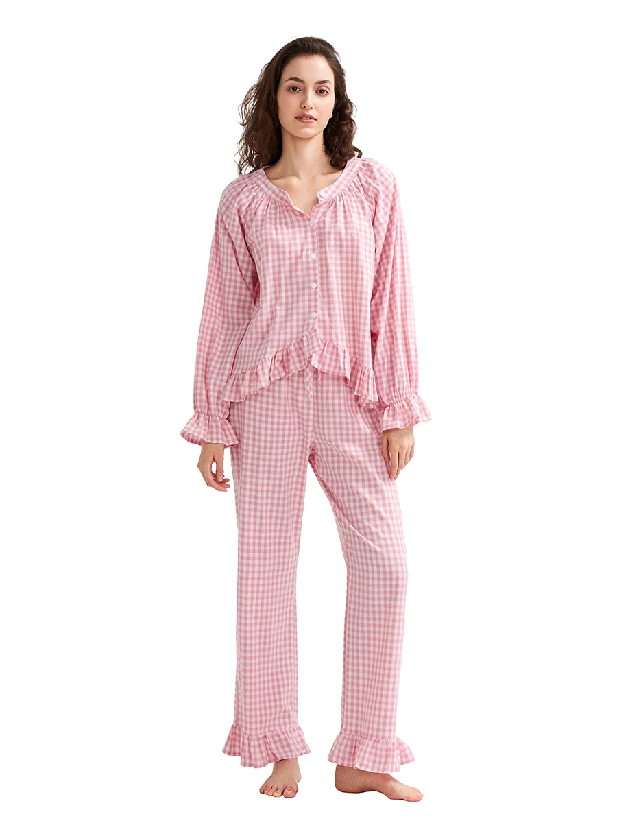 Conjunto de pijama a cuadros con volantes para mujer, cuello redondo, manga larga, botones, pantalones largos, ropa de descanso