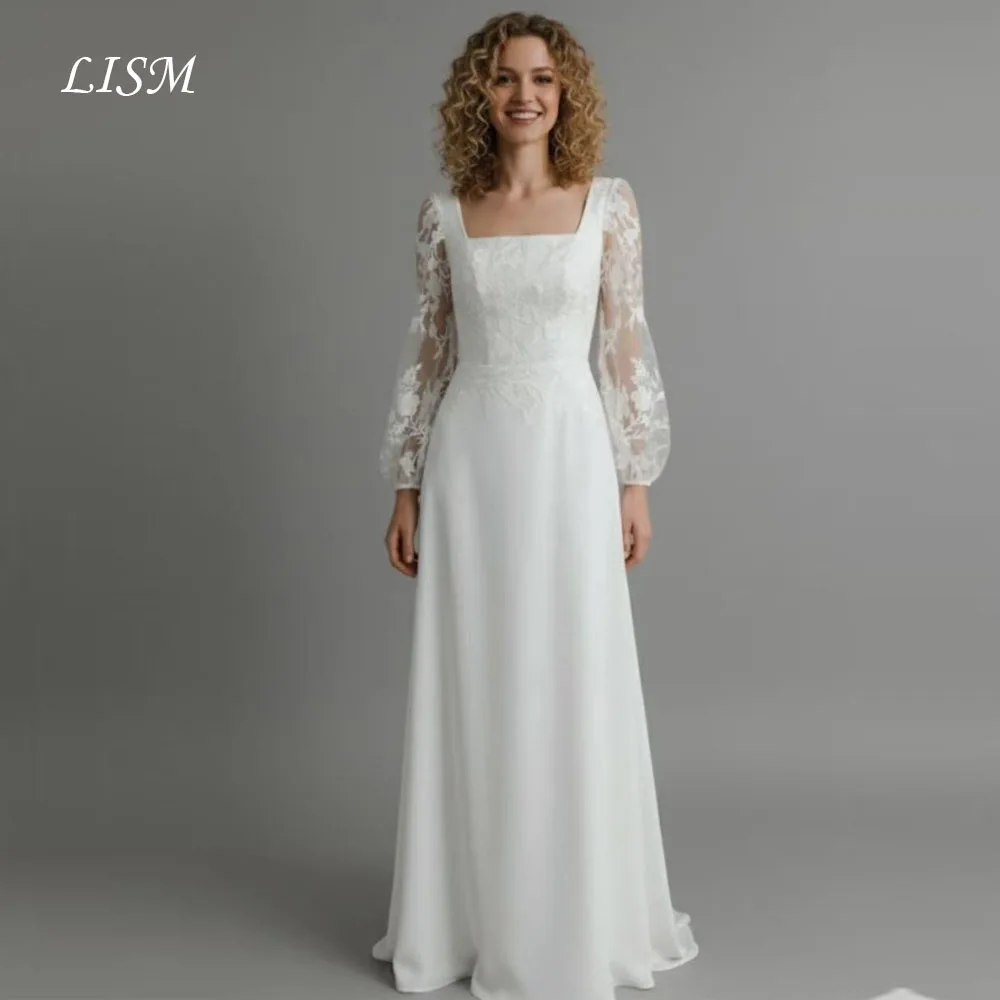 LISM Square Collar A-Line Wedding Dresses Simple Full Sleeves Silk Satin Lace Elegant Long Bridal Gowns Customize robe de soirée