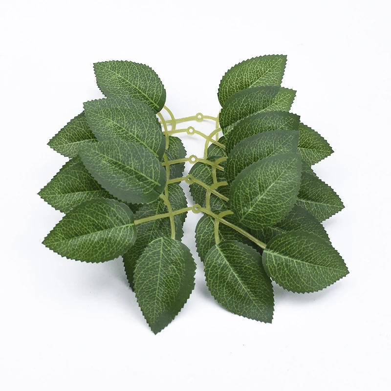 10pcs Artificial Leaves Silk Green Fake Stems Simulated Rose Vine DIY Wedding Bouquet 6-fors Leaf Decor Cake Gift Package Party