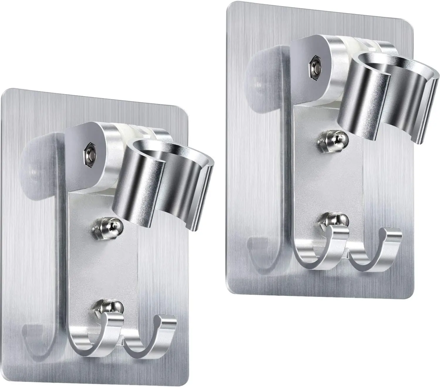 2 Pack Shower Head Holder Strong Adhesive Wall Mounting Bracket Adjustable Wand Holder With 2 Hanger Hooks No Drill Need