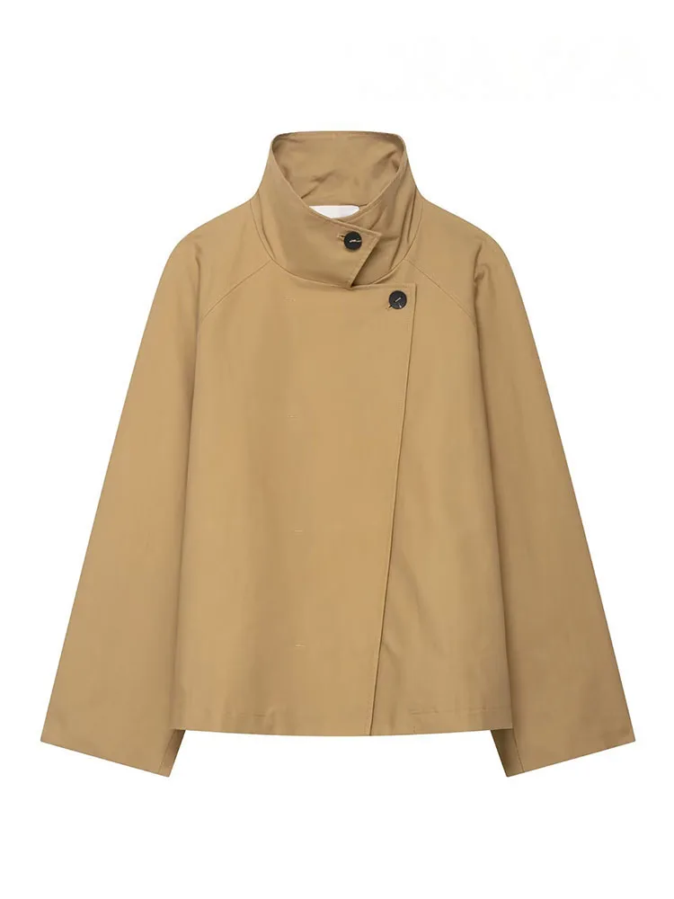 

HH женская осенняя уличная куртка с асимметричными пуговицами, женская модная короткая ветровка с высоким воротником, однотонное свободное повседневное пальто