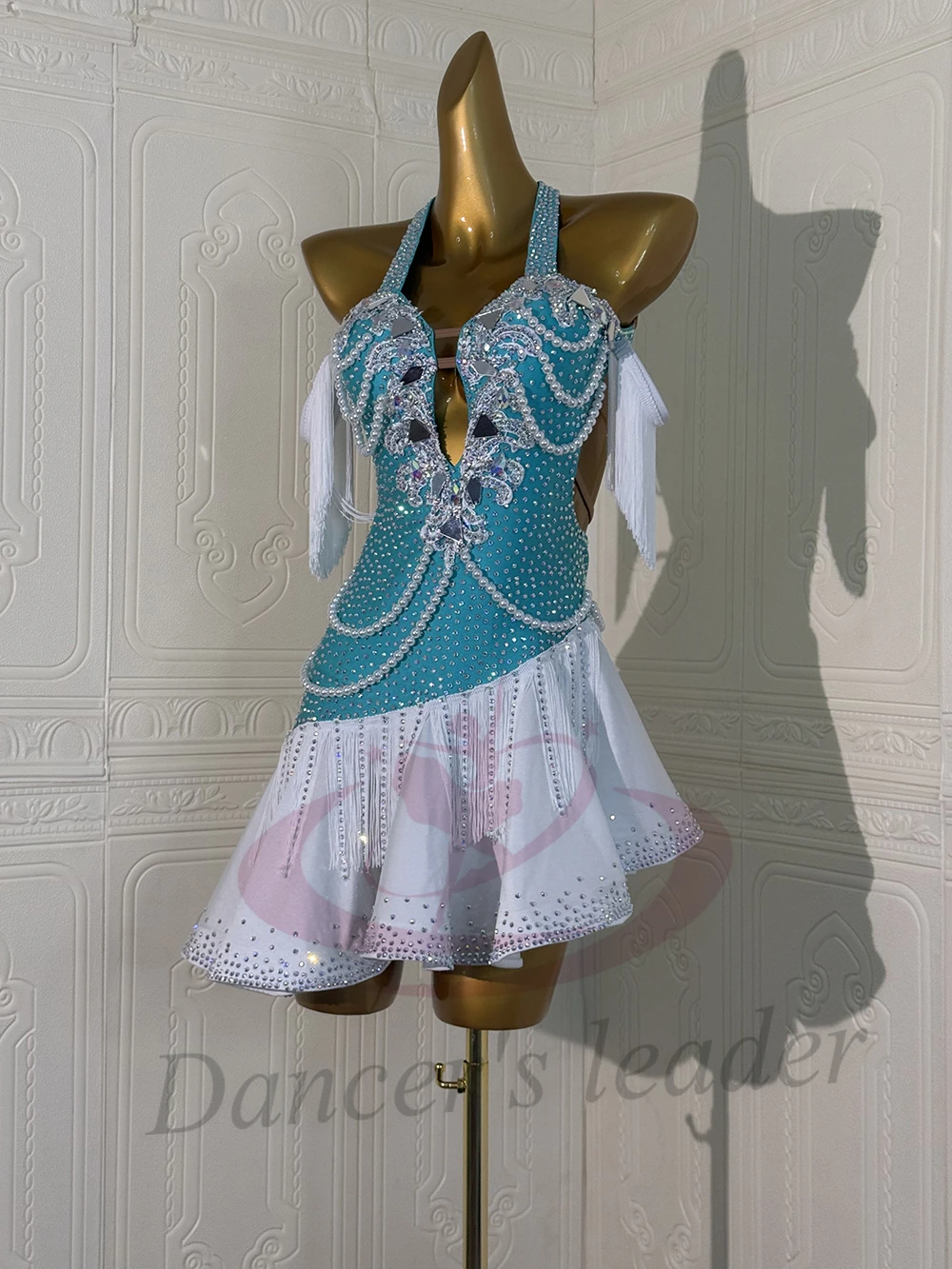 زي الرقص اللاتيني AB Stone أنثى الكبار الأطفال الراقية مخصصة سلسلة اللؤلؤ فستان أسود بركة السامبا