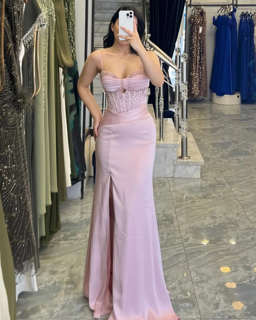 

Customized Sexy Modern Style Jersey Pleat Sequined Rhinestone Mermaid Spaghetti strap Long Dresses Bespoke Occasion Dresses