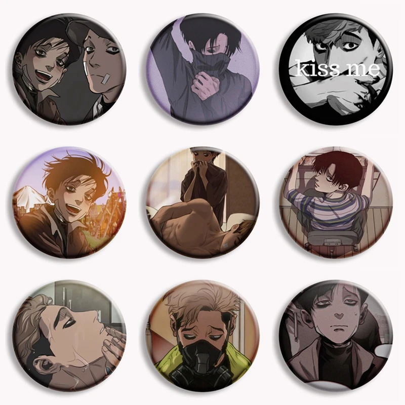 Pin coreano Manhwa Killing Stalking Button, Broche Anime Cartoon Yoonbum e Sangwoo, Acessórios para Badge Bag, Presente para Fãs e Amigos, 58mm