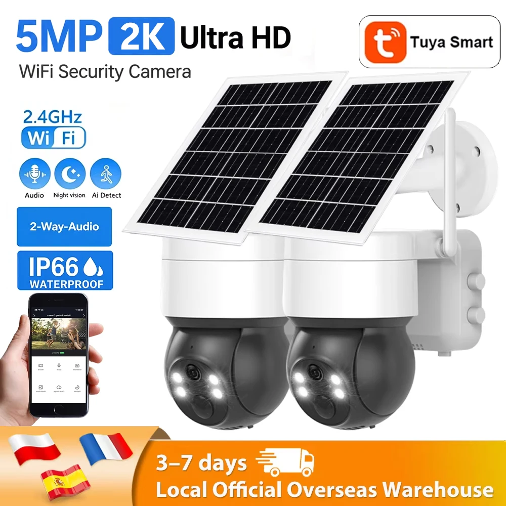 Cámara de seguridad solar WiFi inteligente Tuya SmartLife de 5MP para exteriores, inalámbrica, de bajo consumo, con batería, función PTZ