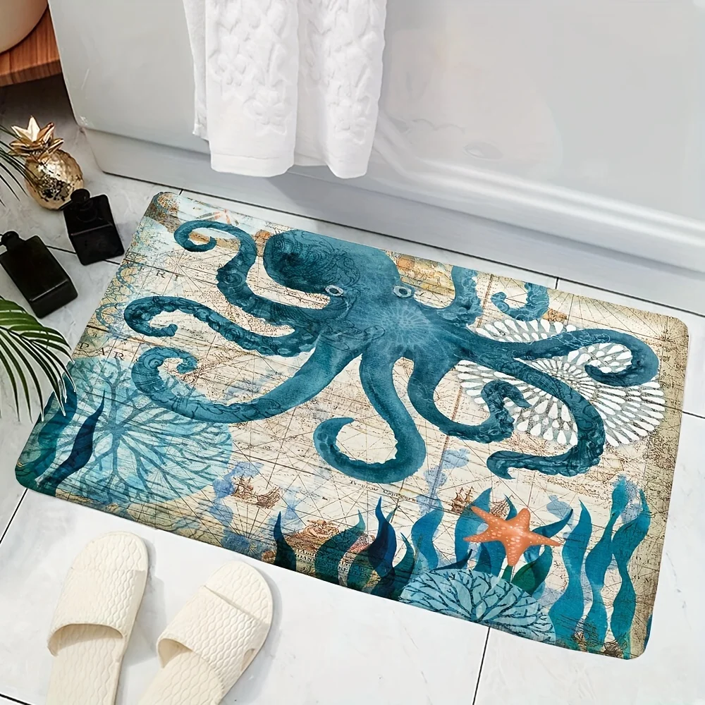 Sea Octopus Bathroom Carpet Colorful Ocean Creature Kitchen Rug Balcony Hallway Toilet Non-slip Floormat Bedroom Bedside Footmat